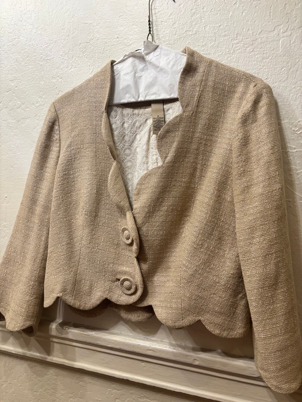 Anthropologie Tweed Blazer Size 8 Scallop Hem Back Tie Gold Metallic Cotton